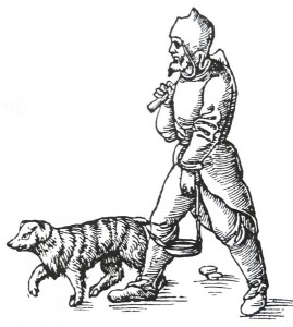 Historische Darstellung eines Knappen mit seinem Hund. Er trägt die Haue über der Schulter und das Geleucht in der Hand. (Foto: G. Agricola,1556) 