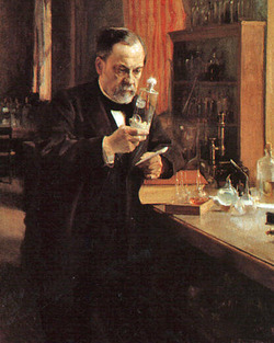 In dem Bild von Albert Edelfelt betrachtet Louis Pasteur eine Flasche, in der an einem Faden das getrocknete Rückenmark eines tollwütigen Kaninchens über einem Trocknungsmittel hängt. Bildquelle: WIkipedia; Musée d'Orsay, Paris